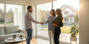 A real estate agent and new homeowners shake hands, an example of a real estate transaction.