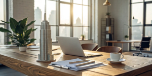 A desk with a building model and documents used to plan the 4 different types of real estate investment.