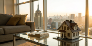A model house on a table with a focus on buyer and seller agent commission.