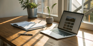 Calculating home sale net proceeds with a buying and selling calculator on a laptop.