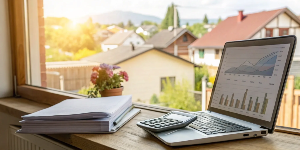 Calculating home sale capital gains with a laptop, calculator, and financial documents.