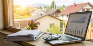 Calculating home sale capital gains with a laptop, calculator, and financial documents.