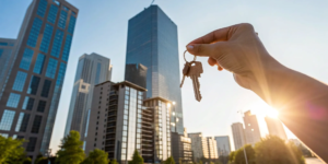 Hand holding keys to a commercial building purchased with no money down.