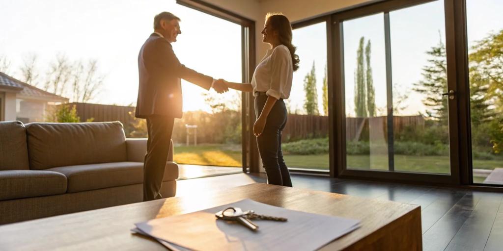 Homeowner shakes hands with the realtor they found to sell their home, with the contract on the table.