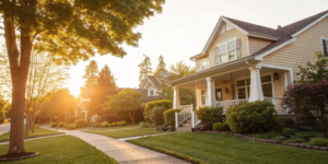 A row of houses for sale being evaluated as real estate investment properties.