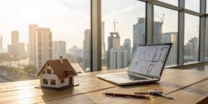 Miniature house and laptop on a desk for a beginner learning how to make money in real estate.