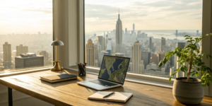 Home office with a laptop and city view for planning how to start a real estate portfolio.