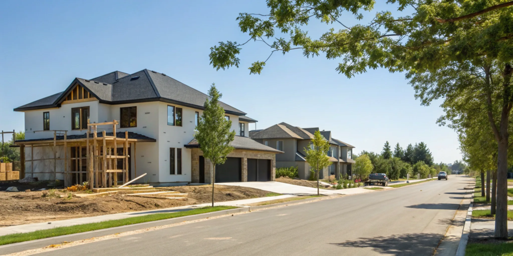 A new home under construction, a choice with many pros and cons.