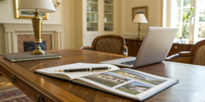 Paperwork on a desk showing the commission split for a listing and selling agent.
