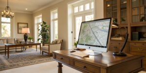 A computer showing a property value search by address on a map to find a home's value.