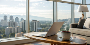 A home buyer researches what a buyer agent commission is on their laptop.