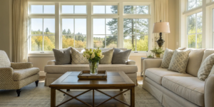 A bright, staged living room, a key step in the home selling process.