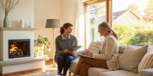 Real estate agent explaining the step-by-step process of selling a house to a homeowner.