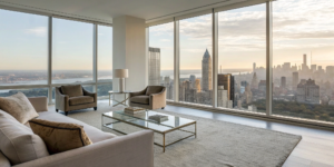 A luxury penthouse with city views, the type of home sold by top real estate companies.
