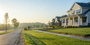 Modern new construction homes with fresh landscaping in a suburban development.