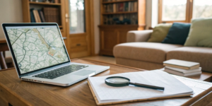 Using a free home value estimator on a laptop to find a home's value by address.