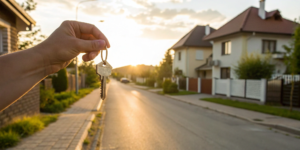 A hand holding a key in front of a house to determine how much I can sell my house for.