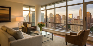 A modern condo living room with a city view, a key feature to consider when learning how to buy a condominium.