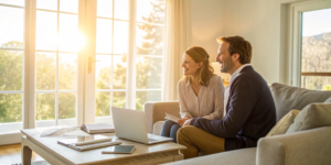 Couple on a couch researching how to find a good buyer's real estate agent on a laptop.
