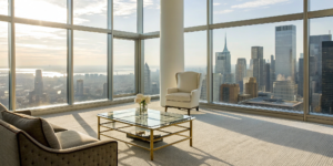 Luxury apartment with city views, where real estate commission fees are based on the property's final sale price.