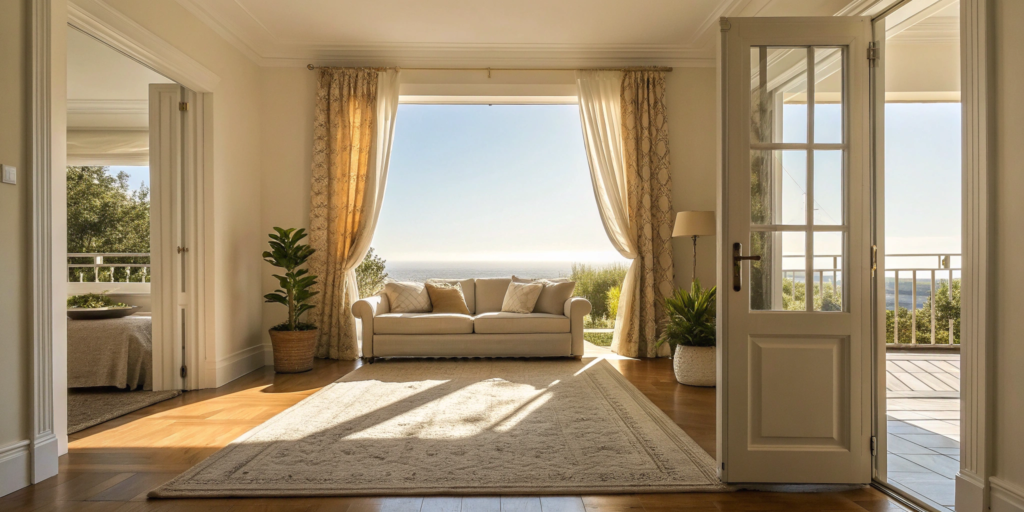 Staged living room with neutral decor, prepared for the selling your home process.