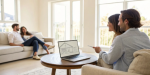 A buyer's agent in real estate helps a couple review house plans on a laptop.