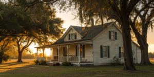 A white house with a porch being sold as-is to a company that buys distressed properties.