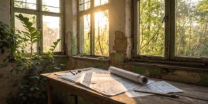 Blueprints on a table in a distressed property, an opportunity for investors to find and buy.