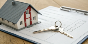 A model house and keys on a contract, a warning about the first time home buyer mistakes to avoid.