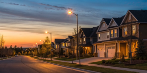A street of modern suburban homes, a view of the current real estate inventory trends.